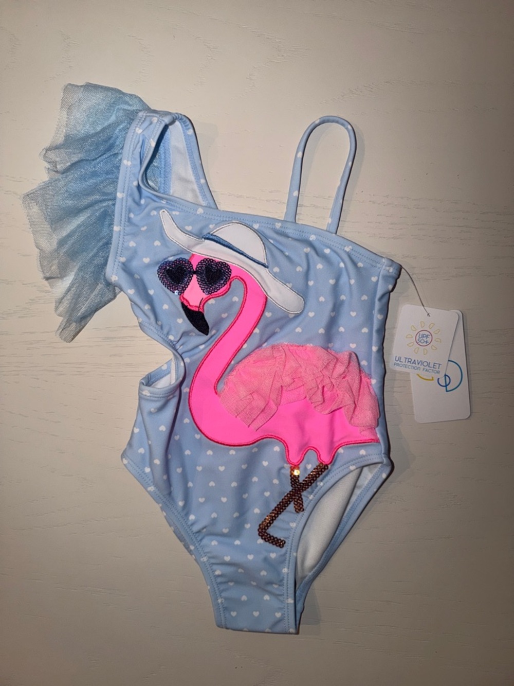 Flapdoodles Light Blue & Neon Pink Sequin Flamingo One Piece Swimsuit 3 4 5 6 6x